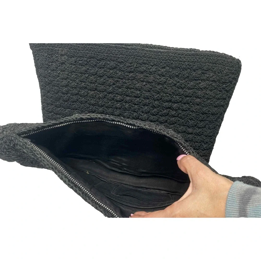 Vintage Set of 2 Large Clutch‎ Black Woven Handbags w/Celluloid Pull Unbranded